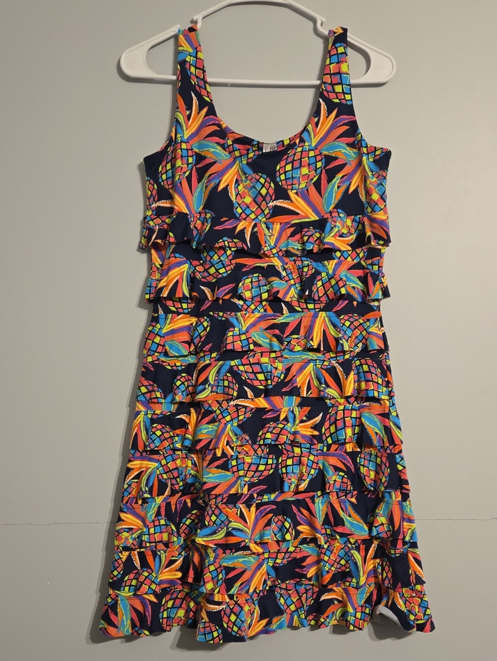 Beachtime By Lulu B Colorful Tropical Pineapple Print Ruffle Cha Cha Dress S/M